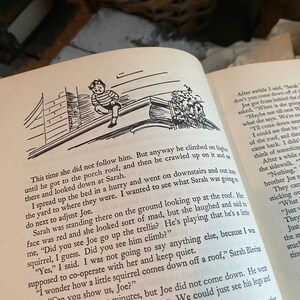 Puede incluir: Una ilustraci&oacute;n en blanco y negro de un ni&ntilde;o trepando por un techo. El ni&ntilde;o lleva una camisa a rayas y pantalones cortos. La ilustraci&oacute;n es de un libro infantil.