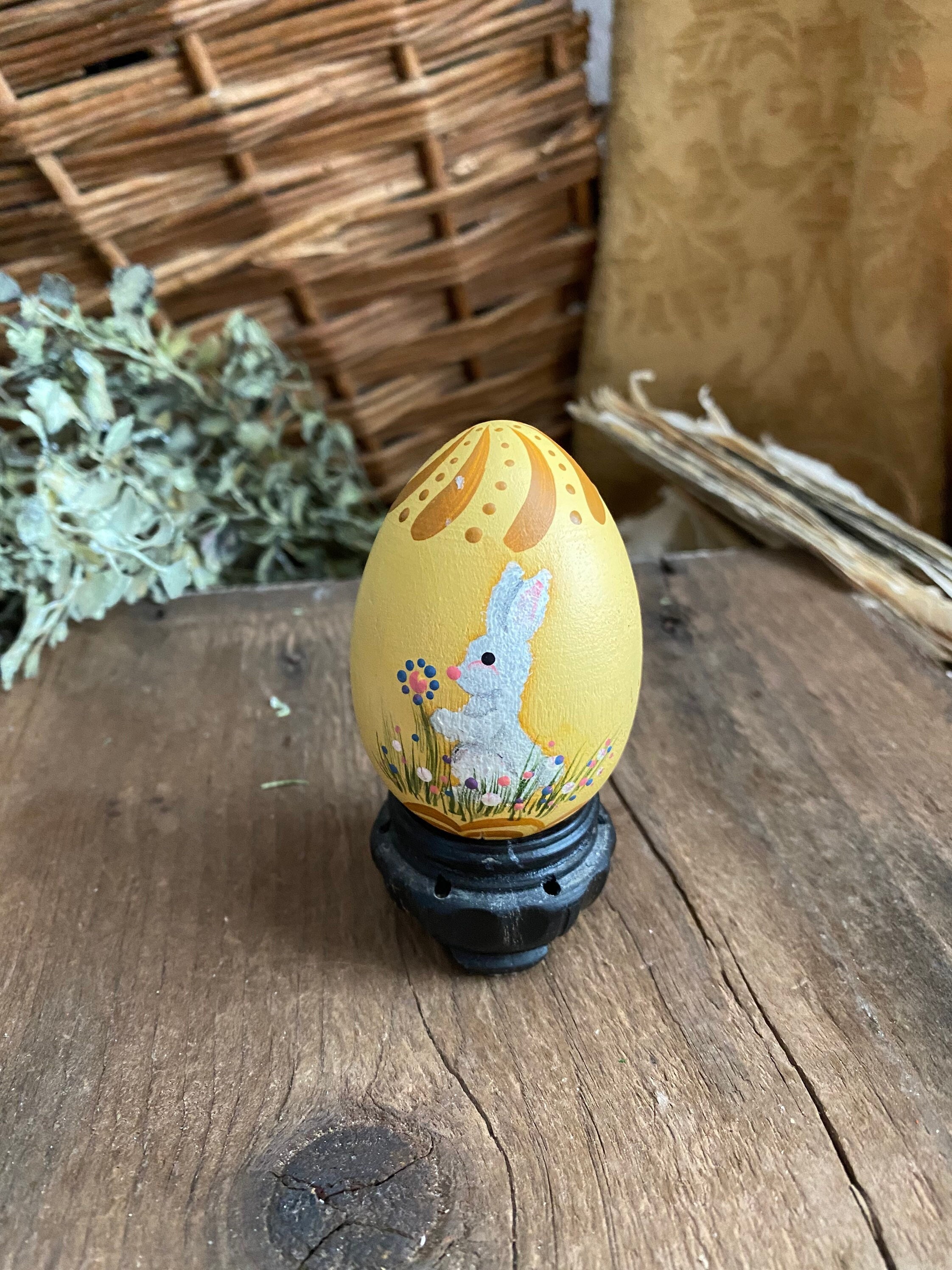 Painted Bunny and Flowers Wood Easter Egg Spring Egg Decor - Etsy