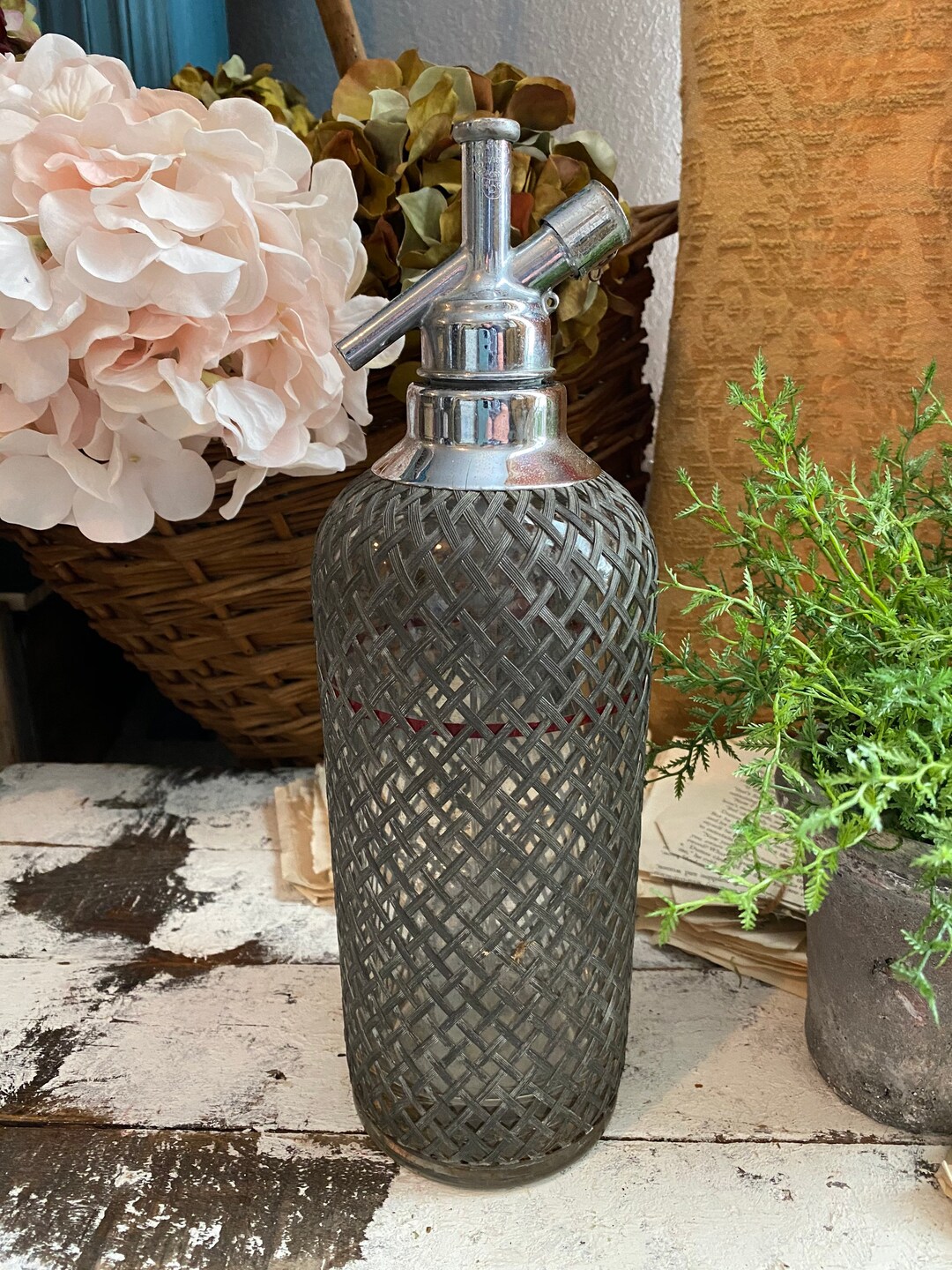 Metal Covered Sparkletts Seltzer Bottle, Czechoslovakia Glass Bottle