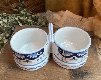 French Pottery Blue and White Double Bowl Condiment Bowls