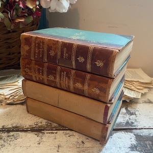 May include: A stack of four antique books with brown leather spines and gold lettering. The top book has a blue and white illustration on the cover. The books are stacked on a distressed white wooden surface.