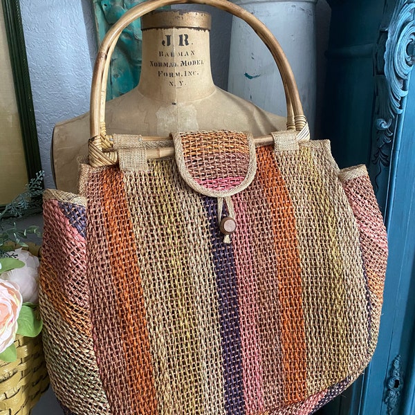 Bamboo Handle Wicker Bag Shopping Bag Summer Bag Market Bag Vintage