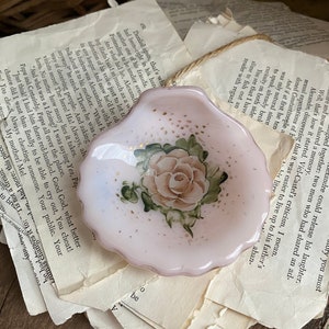 Vintage Small Pink Glass Seashell Painted Rose  Flower Dish