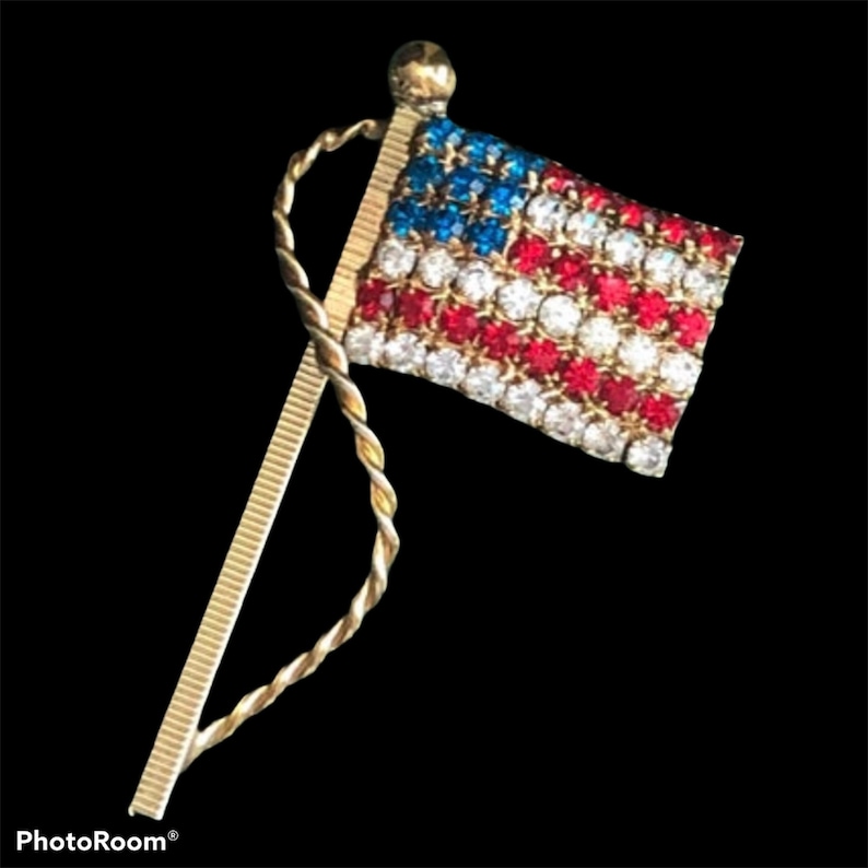 Jewelry Vintage United State Flag Rhinestone Brooch Red White and Blue
