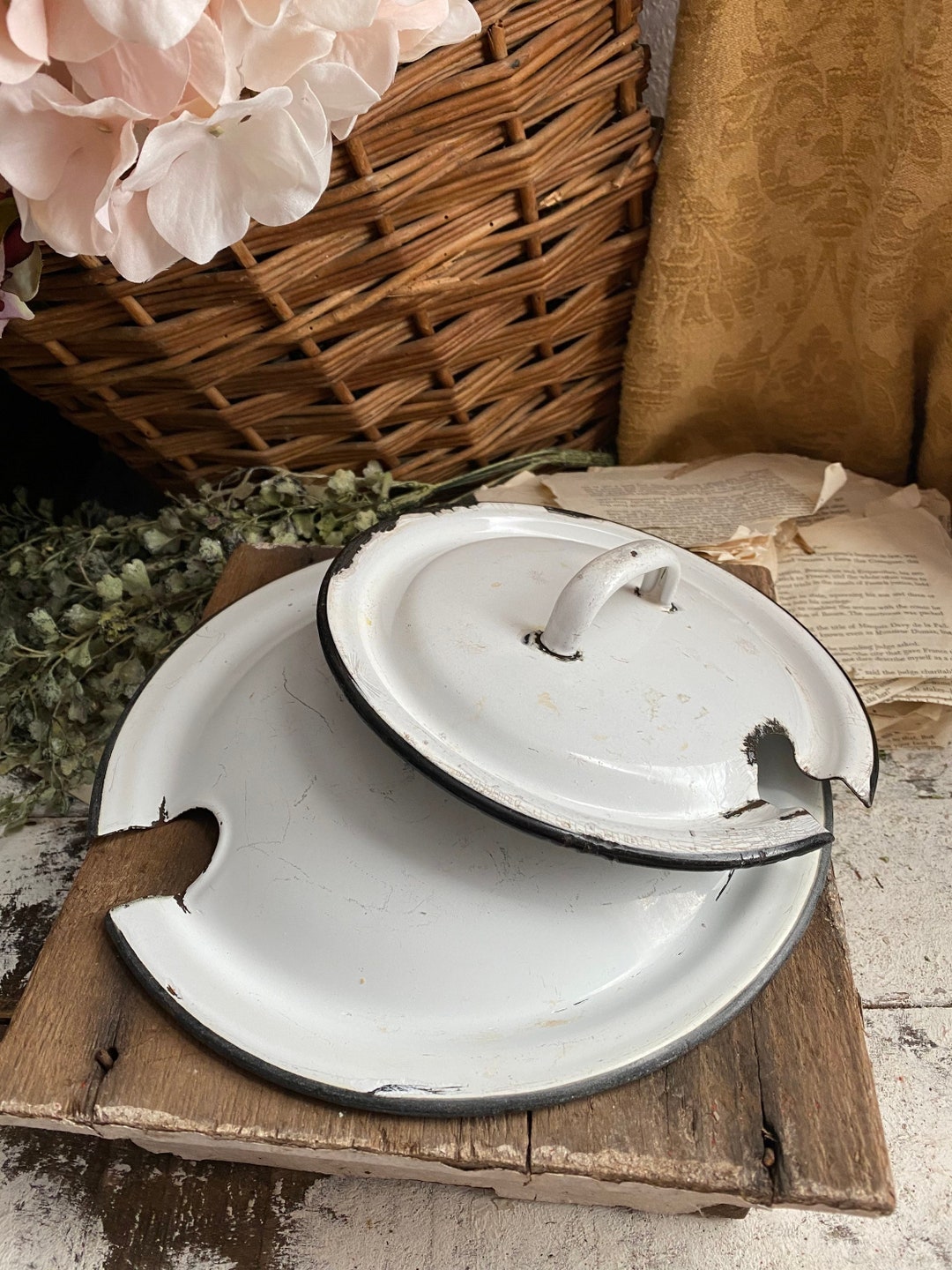 Vintage Enamel Pot Lids Black and White Enamelware Etsy