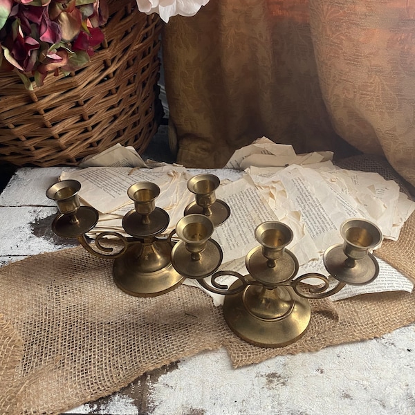 Vintage 1992 Holsey Brass Candleholders Pair of Three Arm Candleholders