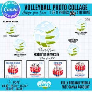 May include: A digital volleyball photo collage template featuring customizable text fields for player name, school or university, and class year. The design includes volleyball graphics, photo frames, and layout options for 1 or 9 photos in 5 sizes.