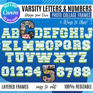 May include: A digital graphic set of varsity letters and numbers designed as photo collage frames. The letters A through Z and numbers 0 through 9 are displayed in a block style with a green and white landscape pattern. Includes text labels.
