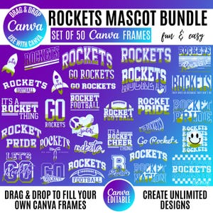 May include: A digital bundle of 50 Rockets mascot graphic designs in purple, white, and green. The collection features various typography styles, rocket ship illustrations, footballs, and cheerleading megaphones with text like ROCKETS, GO ROCKETS, and ROCKET PRIDE, designed for use as Canva frames.