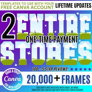 May include: A digital graphic advertisement featuring the text 2 ENTIRE STORES, ONE-TIME PAYMENT, 100 + 5 STAR REVIEWS, and 20,000 + FRAMES. The background has a blue and purple gradient with a landscape pattern inside the large white block letters.