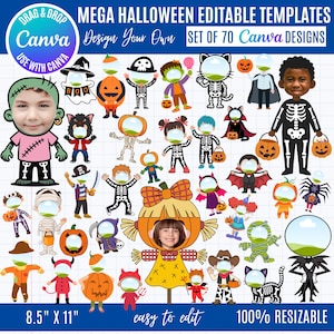 May include: A collection of 70 editable Halloween-themed character templates for Canva, featuring various figures like skeletons, pumpkins, and ghosts with circular cutouts for photos. The text reads Mega Halloween Editable Templates.
