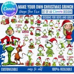 May include: A digital collection of 44 customizable Christmas Grinch designs featuring various green characters in Santa outfits with blank face cutouts for photo insertion, including a brown dog, all set against a white grid background.