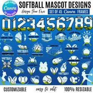 May include: A digital collection of 45 softball mascot designs and numbers on a blue background. The set includes various softball-themed graphics, heart shapes, and text placeholders labeled CUSTOM TEXT, designed for use as editable Canva frames.