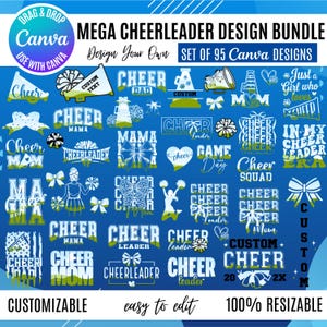 Può includere: Una collezione digitale di 95 design a tema cheerleader in blu, bianco e verde lime. Il set include elementi testuali come Cheer, Mama e Leader, insieme a illustrazioni di megafoni, fiocchi e pon-pon per la personalizzazione.