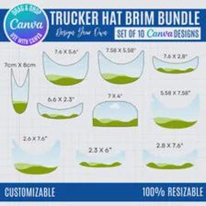 May include: A digital bundle of 10 trucker hat brim designs featuring various curved and rectangular shapes with green landscape graphics. The image includes text labels with imperial measurements like 7.6 x 5.6 inches and 2.3 x 6 inches.