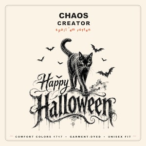 ハッピーハロウィン ブラックキャットシャツ、不気味なゴシック調ガーメントダイTシャツ、ヴィンテージ魔女グラフィック 画像 1