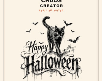 Vrolijk Halloween T-shirt met zwarte kat, griezelig gotisch T-shirt met geverfde details, vintage heksenprint