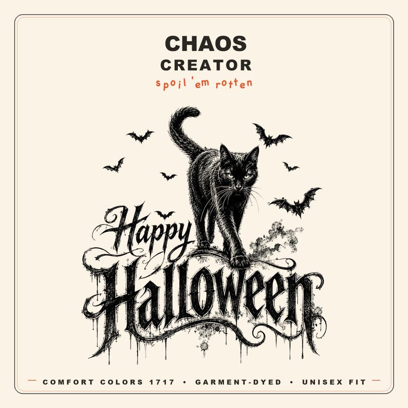 ハッピーハロウィン ブラックキャットシャツ、不気味なゴシック調ガーメントダイTシャツ、ヴィンテージ魔女グラフィック 画像 1