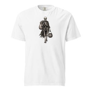 Skeleton Trick or Treater Shirt, Comfort Colors 1717, Vintage Halloween Tee, Pumpkin Candy Bucket Graphic, Unisex Spooky Gift for Men Women