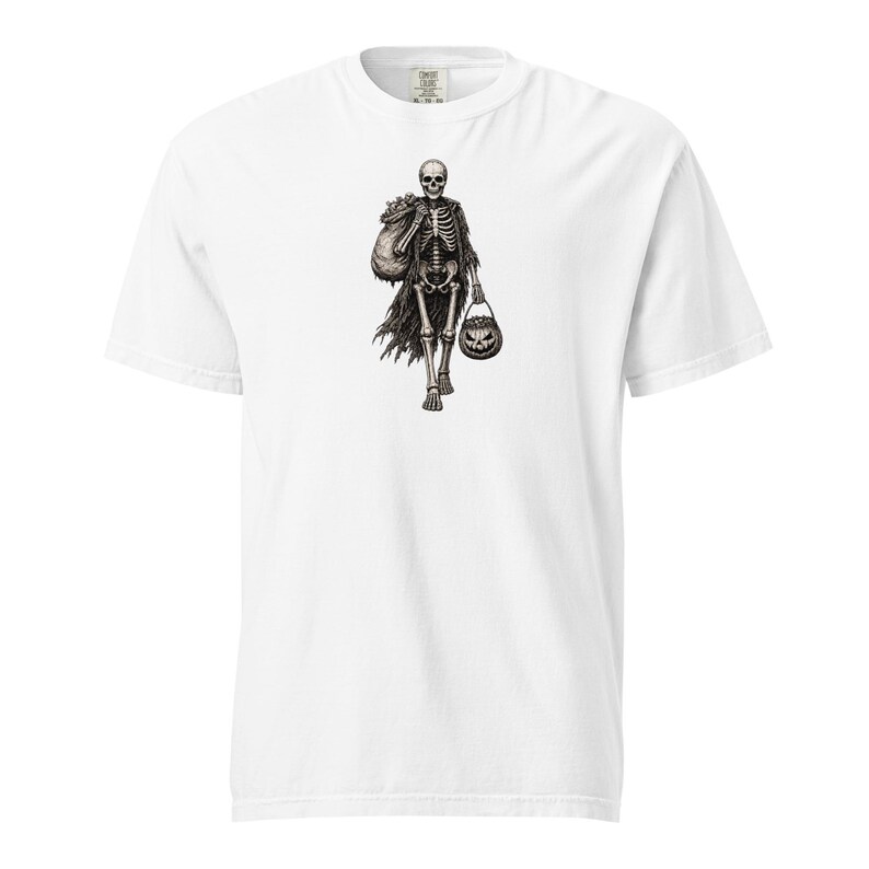 Skeleton Trick or Treater Shirt, Comfort Colors 1717, Vintage Halloween Tee, Pumpkin Candy Bucket Graphic, Unisex Spooky Gift for Men Women