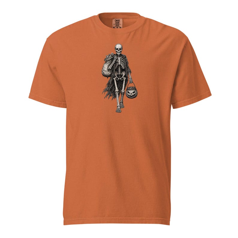 Skeleton Trick or Treater Shirt, Comfort Colors 1717, Vintage Halloween Tee, Pumpkin Candy Bucket Graphic, Unisex Spooky Gift for Men Women