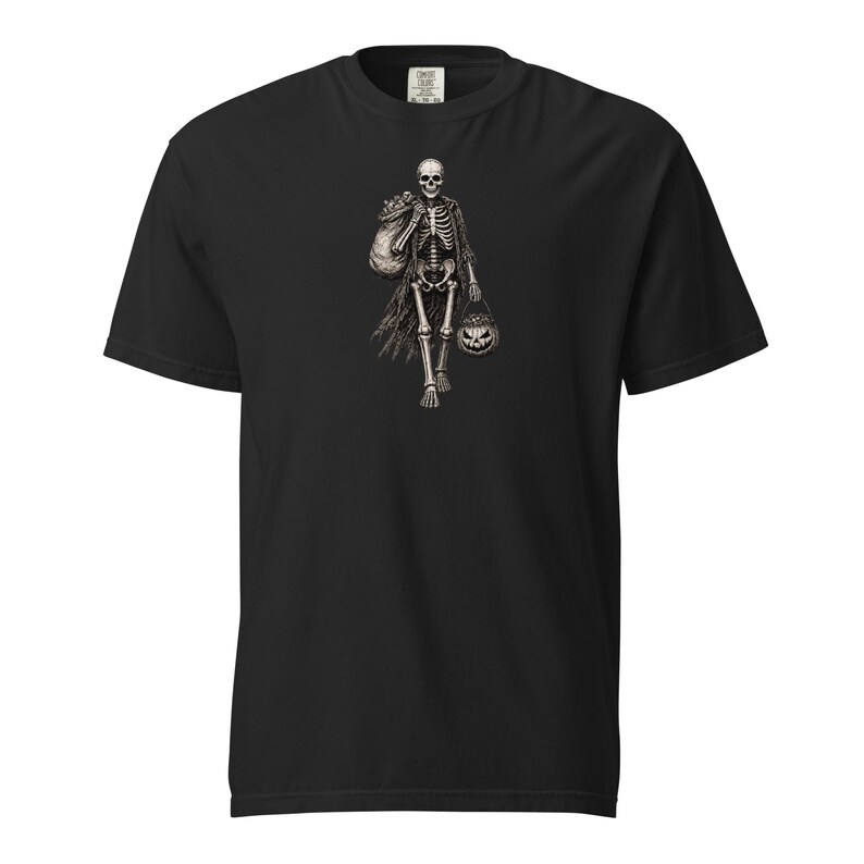 Skeleton Trick or Treater Shirt, Comfort Colors 1717, Vintage Halloween Tee, Pumpkin Candy Bucket Graphic, Unisex Spooky Gift for Men Women