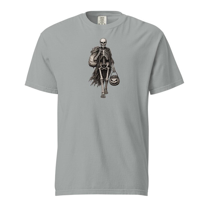 Skeleton Trick or Treater Shirt, Comfort Colors 1717, Vintage Halloween Tee, Pumpkin Candy Bucket Graphic, Unisex Spooky Gift for Men Women