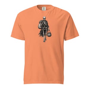 Skeleton Trick or Treater Shirt, Comfort Colors 1717, Vintage Halloween Tee, Pumpkin Candy Bucket Graphic, Unisex Spooky Gift for Men Women
