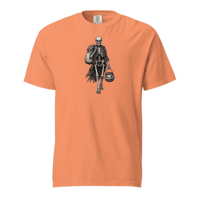 Skeleton Trick or Treater Shirt, Comfort Colors 1717, Vintage Halloween Tee, Pumpkin Candy Bucket Graphic, Unisex Spooky Gift for Men Women