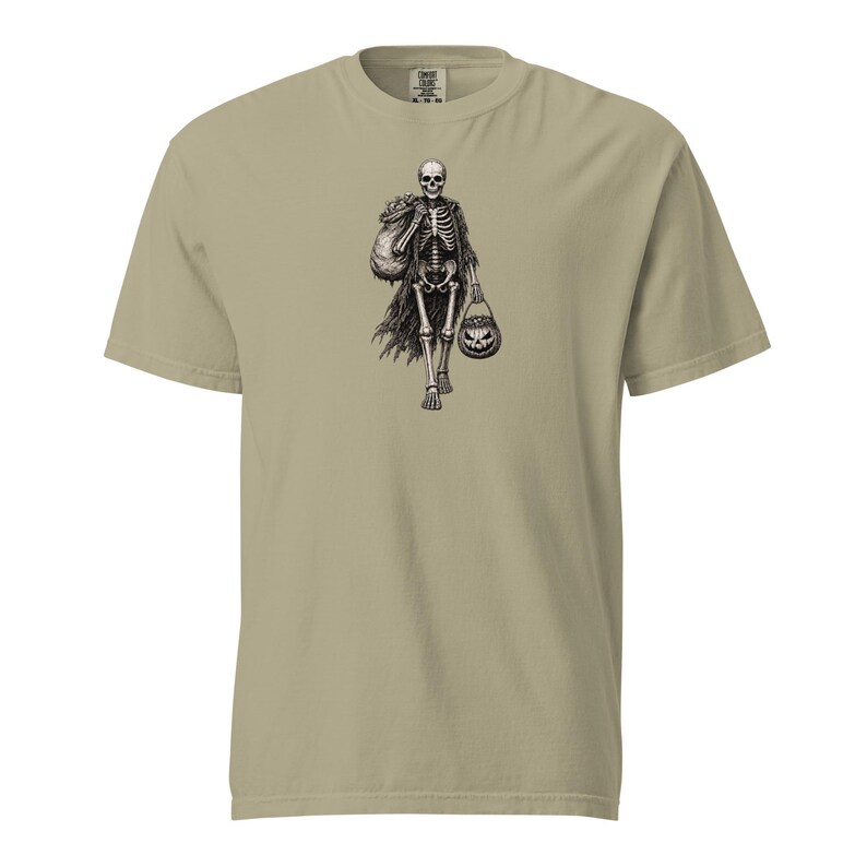Skeleton Trick or Treater Shirt, Comfort Colors 1717, Vintage Halloween Tee, Pumpkin Candy Bucket Graphic, Unisex Spooky Gift for Men Women