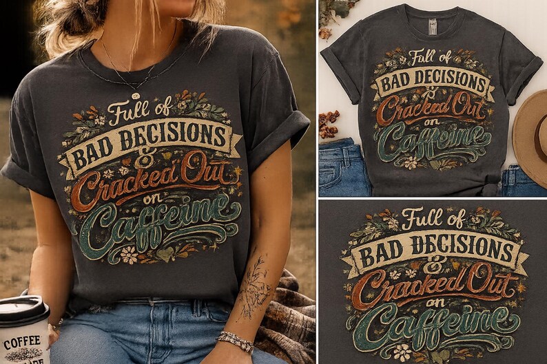 May include: A charcoal gray short-sleeve t-shirt featuring a graphic design with the text Full of BAD DECISIONS & Cracked Out on Caffeine. The lettering is styled in various fonts and colors, surrounded by floral and leaf illustrations.