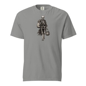 Skeleton Trick or Treater Shirt, Comfort Colors 1717, Vintage Halloween Tee, Pumpkin Candy Bucket Graphic, Unisex Spooky Gift for Men Women