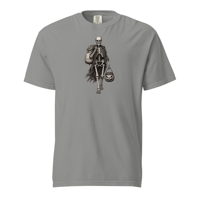 Skeleton Trick or Treater Shirt, Comfort Colors 1717, Vintage Halloween Tee, Pumpkin Candy Bucket Graphic, Unisex Spooky Gift for Men Women