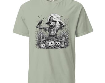 Vintage Scarecrow Pumpkin Graphic Tee, Hand-Drawn Autumn Halloween Shirt, Comfort Colors Cottagecore Fall Tee