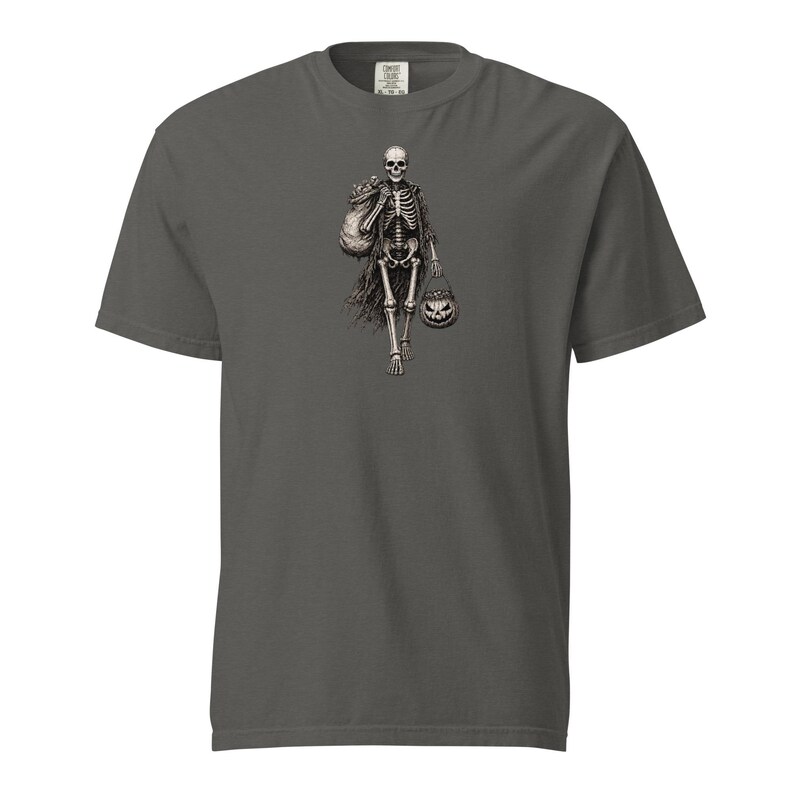 Skeleton Trick or Treater Shirt, Comfort Colors 1717, Vintage Halloween Tee, Pumpkin Candy Bucket Graphic, Unisex Spooky Gift for Men Women