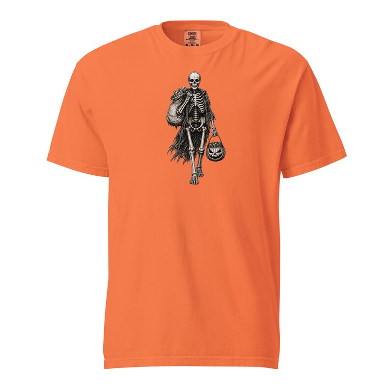 Skeleton Trick or Treater Shirt, Comfort Colors 1717, Vintage Halloween Tee, Pumpkin Candy Bucket Graphic, Unisex Spooky Gift for Men Women