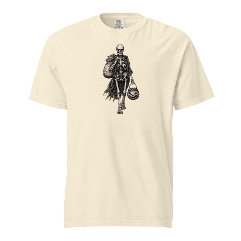 Skeleton Trick or Treater Shirt, Comfort Colors 1717, Vintage Halloween Tee, Pumpkin Candy Bucket Graphic, Unisex Spooky Gift for Men Women