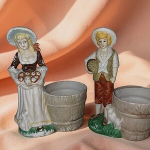 Vintage Jasco Bisque Porcelain Planter Set Country Boy Girl Figurine Barrel Pots
