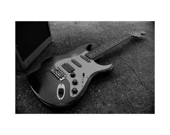 Póster de guitarra eléctrica en blanco y negro, acabado mate, formato horizontal / Decoración de pared para sala de música