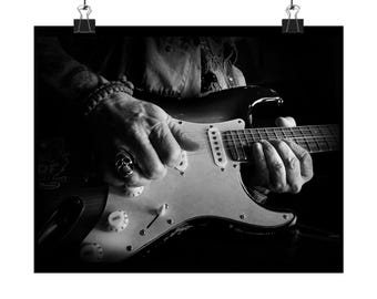 Póster de guitarrista en blanco y negro / Fotografía de rock vintage (Acabado mate)