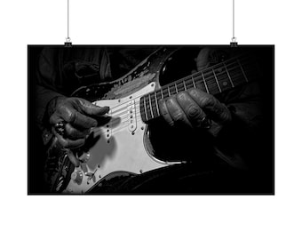 Póster mate de manos de guitarrista de blues / Fotografía musical en blanco y negro, arte de pared horizontal