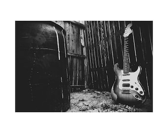 Póster vintage de guitarra eléctrica, acabado mate horizontal / Fotografía musical, blanco y negro