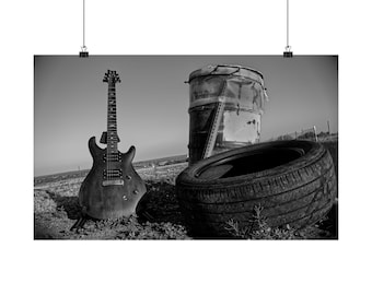 Póster de guitarra eléctrica abandonada / Póster horizontal mate, foto de rock en blanco y negro