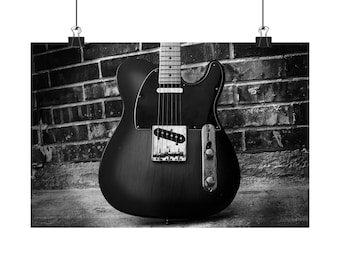 Póster horizontal mate con foto de guitarra eléctrica / Arte mural musical, monocromo