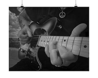 Póster horizontal mate con foto de guitarra eléctrica en blanco y negro / Arte mural musical