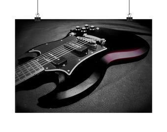 Póster de guitarra eléctrica negra, acabado mate horizontal / Arte mural de música rock