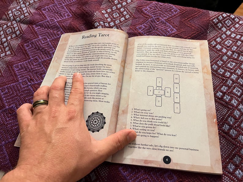 Może przedstawiać: Otwarta książka z brązową okładką i brązowymi stronami. Książka nosi tytuł "Reading Tarot" i zawiera schemat rozkładu kart tarota z ponumerowanymi pozycjami i pytaniami dla każdej pozycji. Książka jest otwarta na stronie 4.