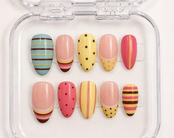Y2K Colorful Stripe Polka Dot Press On Nails: Pastel Pink Yellow Blue Short Oval Gel Set