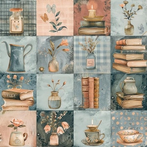 Stoff mit Buchmotiv, Teetassenmuster, floralem Karomuster, Patchwork-Stoff, Vintage-Küchenstoff, neutraler Aquarellstoff, 100 % Baumwolle, Meterware
