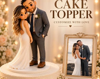 May include: A custom cake topper featuring a stylized figurine of a couple in wedding attire, with the text CAKE TOPPER CUSTOMIZE WITH LOVE, alongside a framed photograph of the same couple in a white dress and gray suit on a wedding cake.